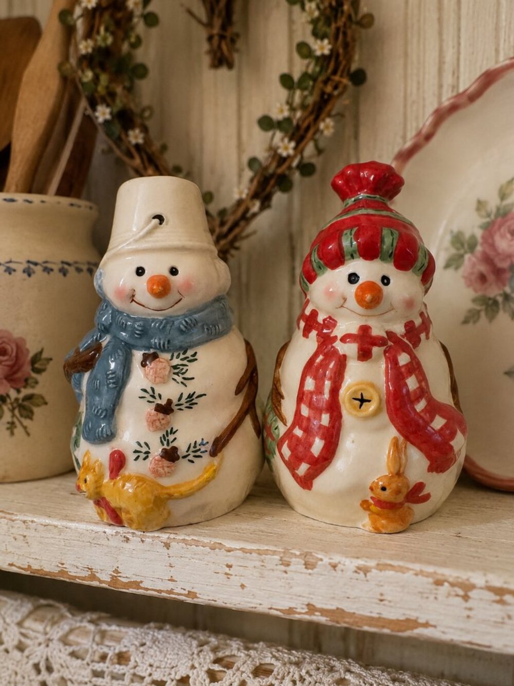 Vintage Snowman Salt & Pepper Shakers | Christmas Ceramic Set | Cat & Bunny |